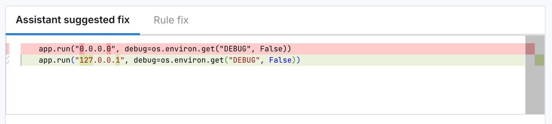 Semgrep Assistant showing a potential fix in Semgrep AppSec Platform