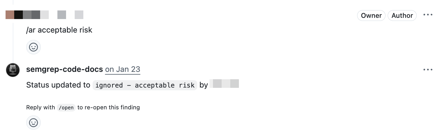 Sample Semgrep response comment after successfully triaging the finding.